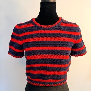 Authentic 21C CHANEL crop top sweater in Red and Navy Knit Detail